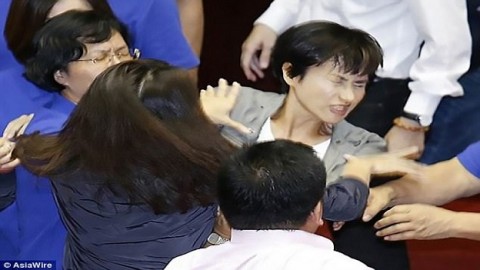 Female politicians slap one another and try to choke each other as mass brawl breaks out in Taiwan's Legislative Yuan