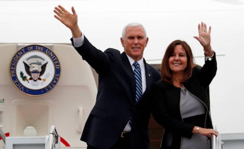 US Vice President Mike Pence and his wife Karen wave as they board Air Force Two at Yokota Air Base in Fussa, on the outskirts of Tokyo, on Tuesday. Photo: Reuters