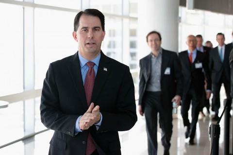 Wisconsin Gov. Scott Walker arrives at an event held to announce Foxconn's plan to purchase an office building in Milwaukee on Feb. 6. Photo: Scott Olson/Getty Images