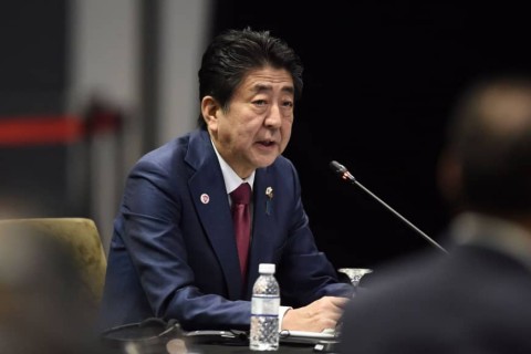Prime Minister Shinzo Abe speaks during the ASEAN-Japan summit on the sidelines of the ASEAN summit in Singapore on Wednesday. Photo: AFP-JIJI