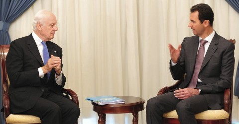 Staffan de Mistura meets with Syrian President Bashar al-Assad in Damascus in 2014. Photo: Sana Sana / Reuters