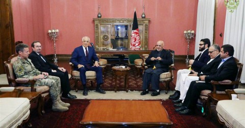 Afghanistan's President Ashraf Ghani, seated right, and US special envoy for peace in Afghanistan, Zalmay Khalilzad, meet in Kabul on Nov. 10, 2018. Photo: Presidential Palace / Reuters