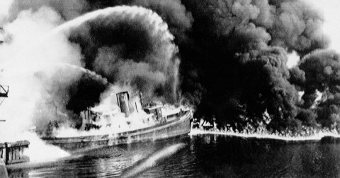 The Cuyahoga River fire in 1952, near downtown Cleveland sparked national alarm about water quality. Photo: AP File