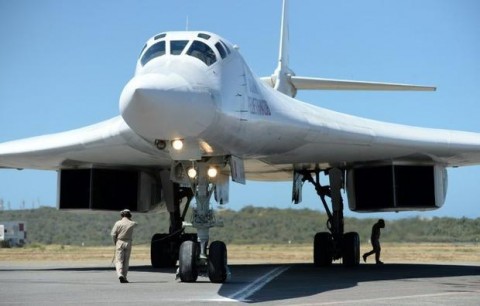 A Russian Tupolev Tu-160 strategic bomber pictured after landing in Caracas as Venezuela's Defens Minister Vladimir Padrino announced Venezuela and Russia are to hold joint military exercises. Photo: Federico PARRA, AFP