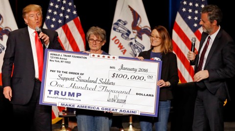 Donald Trump presents a check in Iowa the day before the 2016 Republican primary caucus there. Photo: Patrick Semansky / AP