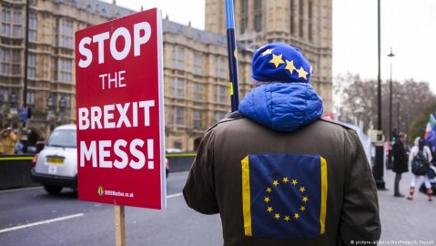An anti-Brexit protester outside the Houses of Parliament. Photo: A. Pezzali/NurPhoto