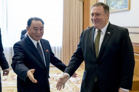 In this July 7, 2018, photo, U.S. Secretary of State Mike Pompeo, right, and Kim Yong Chol, a North Korean senior ruling party official and former intelligence chief, arrive for a lunch at the Park Hwa Guest House in Pyongyang, North Korea. Photo/Andrew Harnik, AP Pool file