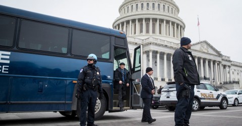 An Air Force bus at the Capitol that was going to take members of Congress to Joint Base Andrews to depart on their trip. Photo: Sarah Silbiger/The New York Times