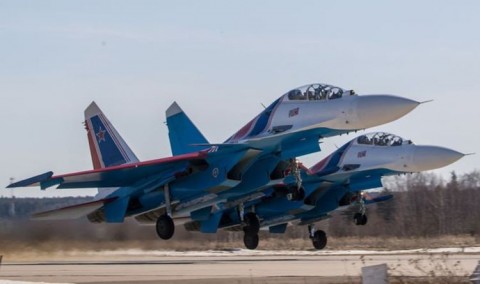 The Russian Knights took part in air-to-air missile drills, the Russian Defence Ministry confirmed 