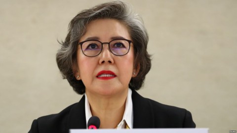 Special Rapporteur on the situation of human rights in Myanmar, Yanghee Lee gives her report to the Human Rights Council at the United Nations in Geneva, Switzerland, March 11, 2019.