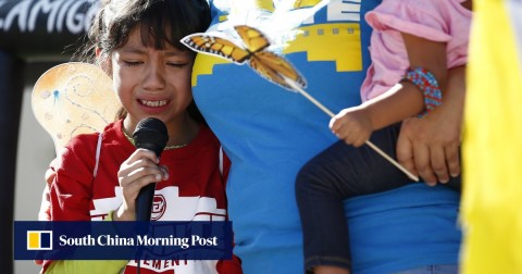 Akemi Vargas, 8, cries as she talks about being separated from her father during an immigration family separation protest in front of the Sandra Day O'Connor US District Court building in June 2018. 