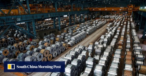 Rolls of steel are stacked inside the China Steel Corporation factory, in Kaohsiung, southern Taiwan.