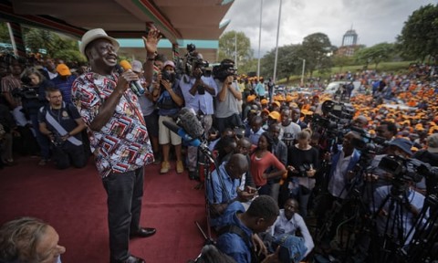 Raila Odinga addresses a rally in Nairobi. Photograph: Ben Curtis/AP