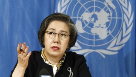 Yanghee Lee, Special Rapporteur on the situation of human rights in Myanmar, delivers her report during the 34th session of the Human Rights Council, at the European headquarters of the United Nations in Geneva, Switzerland, March 13, 2017. Photo: AP