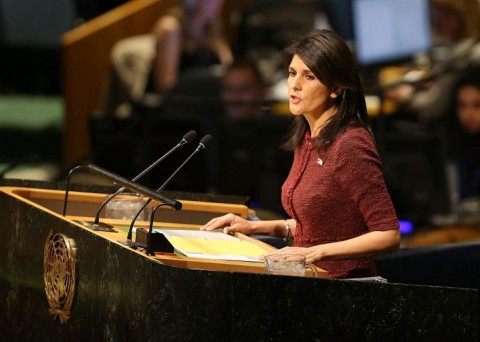 Nikki Haley, US Ambassador to the UN, speaks on the floor of the UN General Assembly Thursday in New York City. Photo: Spencer Platt/Getty Images