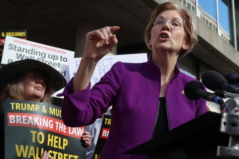 Sen. Elizabeth Warren during a November protest of Mick Mulvaney’s appointment to be interim director of the CFPB. Photo: Mark Wilson/Getty Images