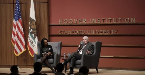 Secretary of State Rex Tillerson and former Secretary of State Condoleeza Rice speak at the Hoover Institution at Stanford University January 17, 2018