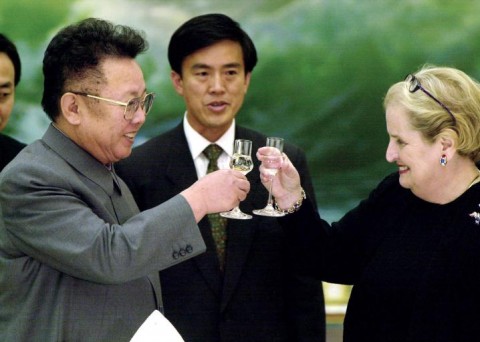Then–North Korean Leader Kim Jong-il toasts then–Secretary of State Madeleine Albright at a dinner in Pyongyang on Oct. 24, 2000. Photo: Stringer/Reuters