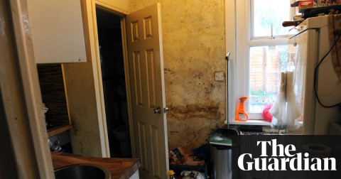 The kitchen of a rented property in Newham. The door leads to the toilet and shower, also in state of disrepair. Photograph: Jill Mead for the Guardian
