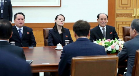 South Korean President Moon Jae-in talks with President of the Presidium of the Supreme People's Assembly of North Korea Kim Young Nam and Kim Yo Jong, the sister of North Korea's leader Kim Jong Un, during their meeting at the Presidential Blue House in Seoul, South Korea, February 10, 2018. Yonhap via Reuters