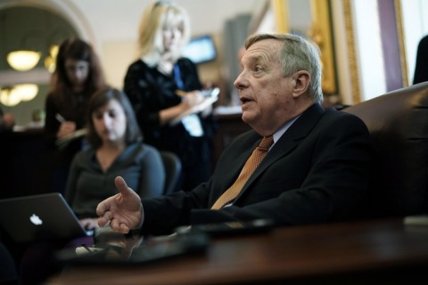 Sen. Dick Durbin speaks to reporters on Monday. Photo: Alex Wong/Getty Images