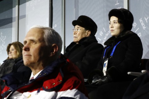 Kim Yo Jong, top right, sister of North Korean leader Kim Jong Un, sits alongside Kim Yong Nam, president of the Presidium of North Korean Parliament, and behind US Vice President Mike Pence, as she watches the opening ceremony of the 2018 Winter Olympics in Pyeongchang, South Korea, Friday, Feb. 9, 2018. (AP Photo/Patrick Semansky, Pool)