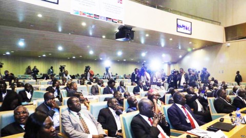 South Sudan government delegates are shown during recent peace talks in Addis Ababa, January, 2018. (Photo: J. Tanza/VOA)