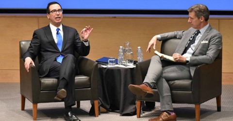 After a short lecture, Treasury Secretary Steven Mnuchin spoke with Marketplace host Kai Ryssdal at the UCLA Burkle Center for International Relations in Los Angeles. (Photo: UCLA)