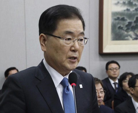 In this Feb. 21, 2018, photo, South Korea's national security director Chung Eui-yong speaks at the National Assembly in Seoul, South Korea.  Photo: Hong Hyo-shick/Newsis via AP