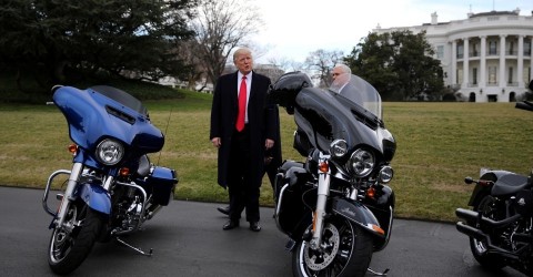 President Trump stands next to Harley Davidson motorcycles, which the European Union has said it will impose tariffs on if the American president’s proposed steel and aluminum tariffs go through, in Washington, D.C. on February 2, 2017. Photo: Carlos Barria / Reuters