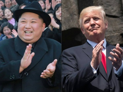 An undated photo from North Korea's official Korean Central News Agency on Jan. 17 shows North Korean leader Kim Jong-Un visiting the newly renovated Pyongyang Teachers' University in Pyongyang, and US President Donald Trump applauding as he stands in front of the Warsaw Uprising Monument on Krasinski Square during the Three Seas Initiative Summit in Poland in July 2017. Photo: AFP-JIJI