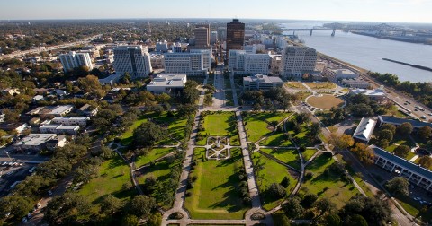 A view of the Louisiana State Capitol grounds from the capitol observation deck. Photo: Philip Gould / Getty Images