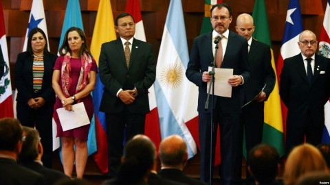 Mexican Foreign Minister Luis Videgaray addresses the media during a meeting of the Lima Group, formed last year to put pressure on Venezuela and whose member countries are monitoring the upcoming Venezuelan presidential elections, in Mexico City, May 14, 2018. Photo: Reuters