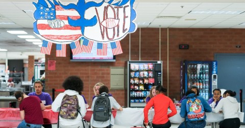 Student volunteers registering their classmates to vote at Brooke Point High School in Stafford, Va., last month. Photo: Erin Schaff for The New York Times