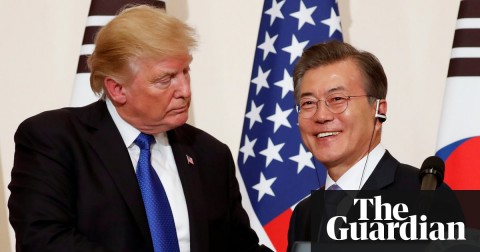 Donald Trump with South Korean President Moon in November last year. North Korea has threatened withdrawal from the talks if US officials retain their hardline negotiating position. Photo: Jonathan Ernst/Reuters