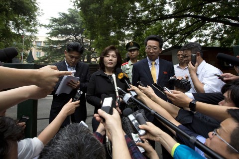 Choe Son Hui, deputy director general of the Department of US Affairs of North Korean Foreign Ministry, briefs journalists outside the North Korean embassy in Beijing Thursday, June 23, 2016. Photo: Andy Wong / AP