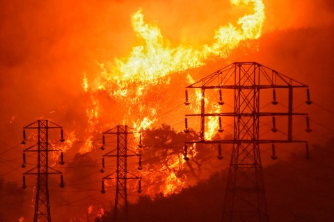 Flames burn near power lines in Sycamore Canyon near West Mountain Drive on Dec.16, 2017, in Montecito, California. Photo: Mike Eliasoni / Santa Barbara County Fire Department / AP