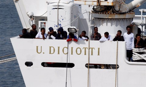  Italian coastguard ship Diciotti docks in the port of Catania. Photo: Orietta Scardino/EPA