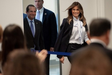 August 20: US First Lady Melania Trump (L) listens to University of Texas student Joseph Grunwald recount how he was bullied in high school during a Federal Partners in Bullying Prevention summit. Photo: AFP