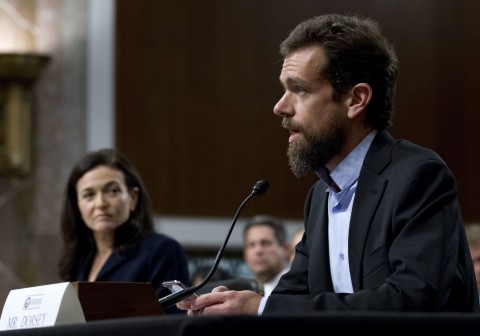 Facebook COO Sheryl Sandberg and Twitter CEO Jack Dorsey testified in a Senate Intelligence committee hearing on foreign electioneering on social media Wednesday. Photo : Jose Luis Magana/AP 