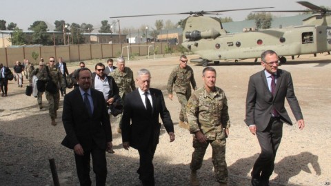 U.S. Defense Secretary Jim Mattis, second left, arrives at NATO's Resolute Support mission in Kabul, Afghanistan on Sept. 7, 2018. Photo: AFP