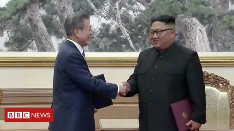 Moon Jae-in and Kim Jong-un signed what they say is 'a leap forward' Photo: Reuters