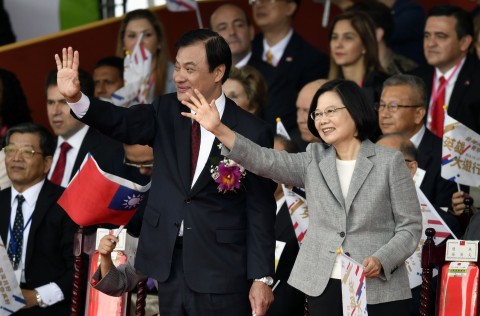 Taiwan's president Tsai Ing-wen (R) and Parlamentarian Su Jia-chyuan greeting parades during National Day celebration