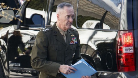 Chairman of the Joint Chiefs of Staff, Gen. Joseph Dunford, leaves a meeting at the White House, April 12, 2018, in Washington. Photo: AP