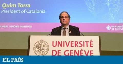 El presidente de la Generalitat, Quim Torra, durante su conferencia en la Universidad de Ginebra